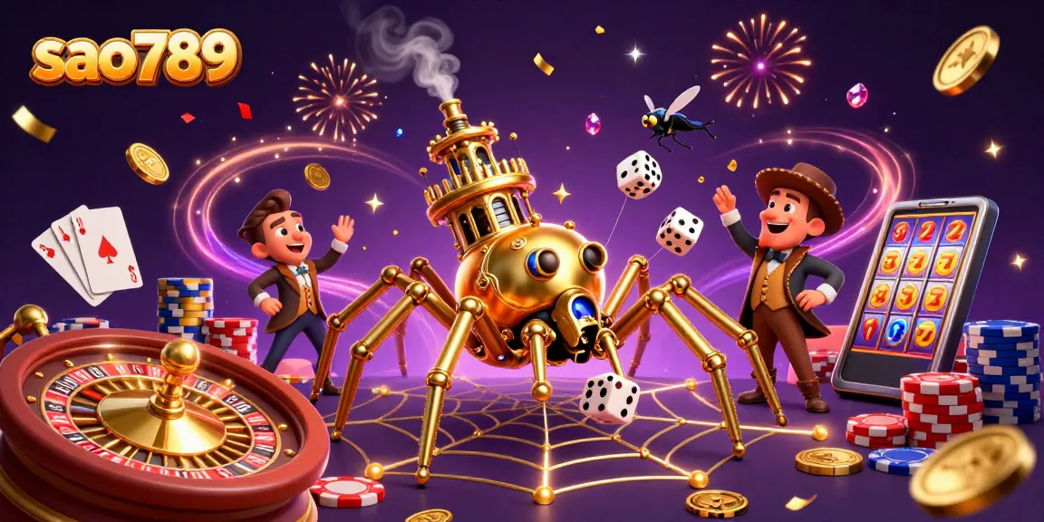 Sparkling casino elements surround sao789's steampunk spider and Victorian fly in a lively gaming web.