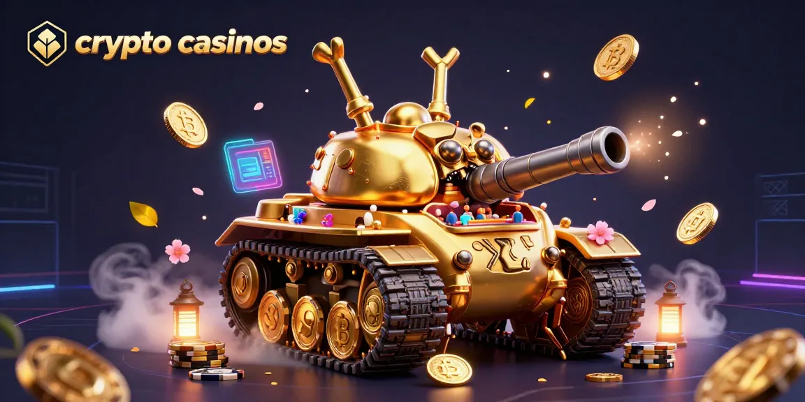 Illustration dynamique représentant des crypto casinos, avec un tank doré qui révèle un casino miniature et jet de pièces dorées.