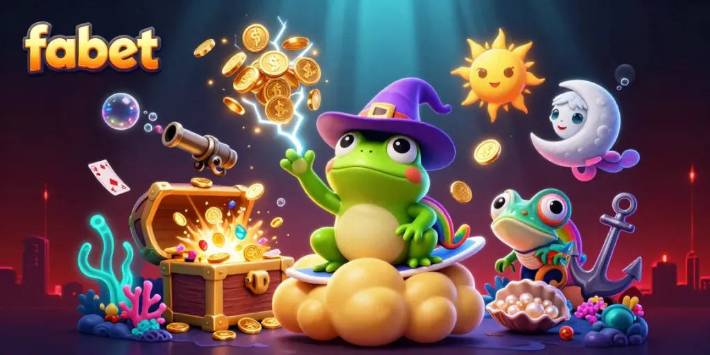 Experience the thrill of fabet as a cartoon weather wizard frog conjures golden coins in an energetic casino scene.
