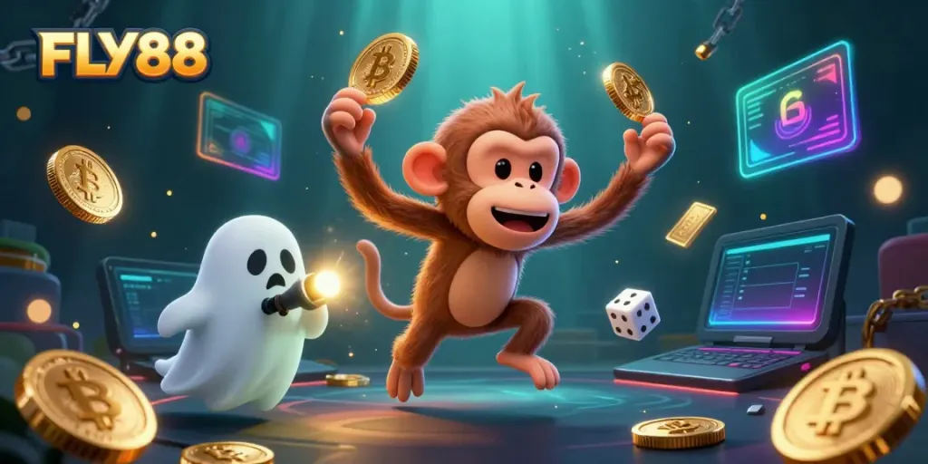Experience the vibrant action of FLY88 with animated coins and engaging casino elements in a lively digital scene.