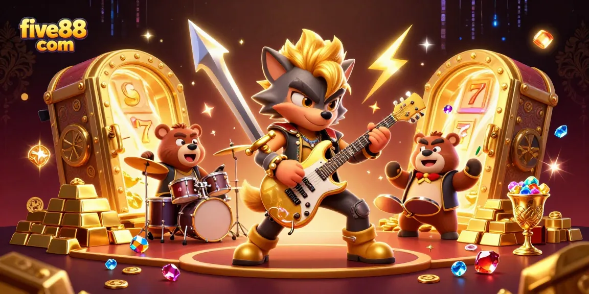Experience the thrill at five88 com with a dynamic casino scene featuring a rock star wolf and vibrant slots.