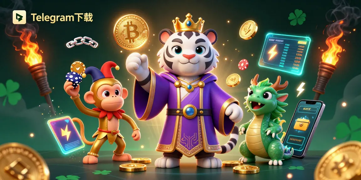 在一个生动活泼的场景中，顽皮的猴子和老虎互动，玩弄着扑克筹码，Telegram下载成为其中的乐趣所在。