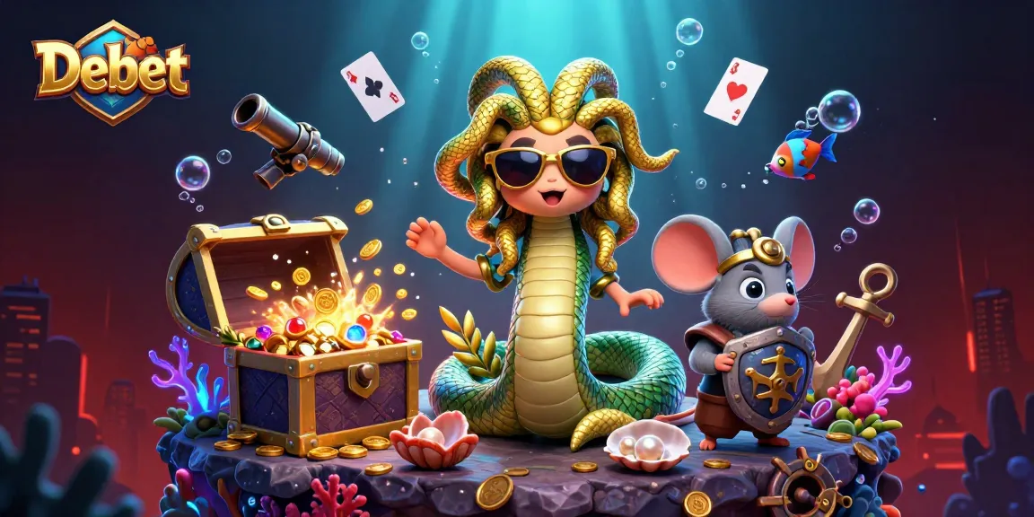 Debet showcases a vibrant 3D casino scene with Medusa and treasure in an engaging underwater landscape.