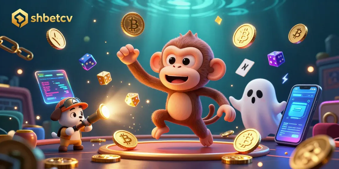 shbetcv showcases a playful poltergeist monkey juggling golden casino items, highlighting thrilling gaming adventures.