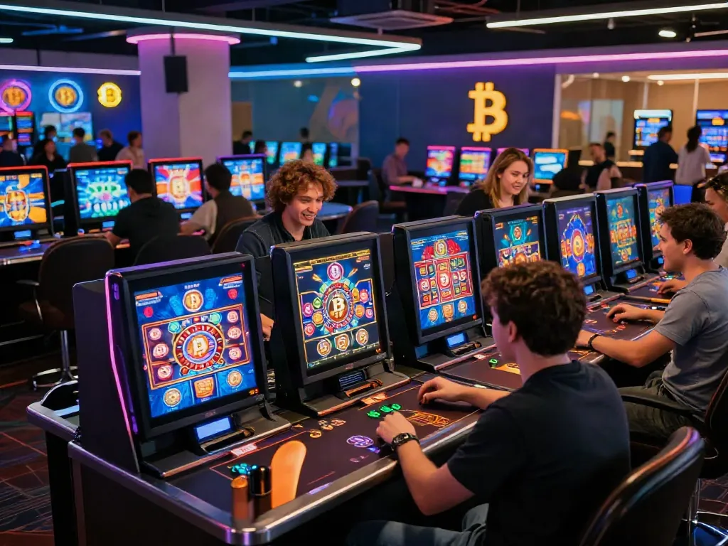 Players enjoying various games at a vibrant Bitcoin casino, highlighting the excitement and modern atmosphere.