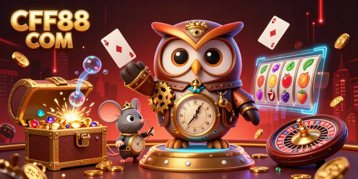 CFF88 COM showcases a lively casino scene featuring a time-traveling owl and vibrant gambling elements.