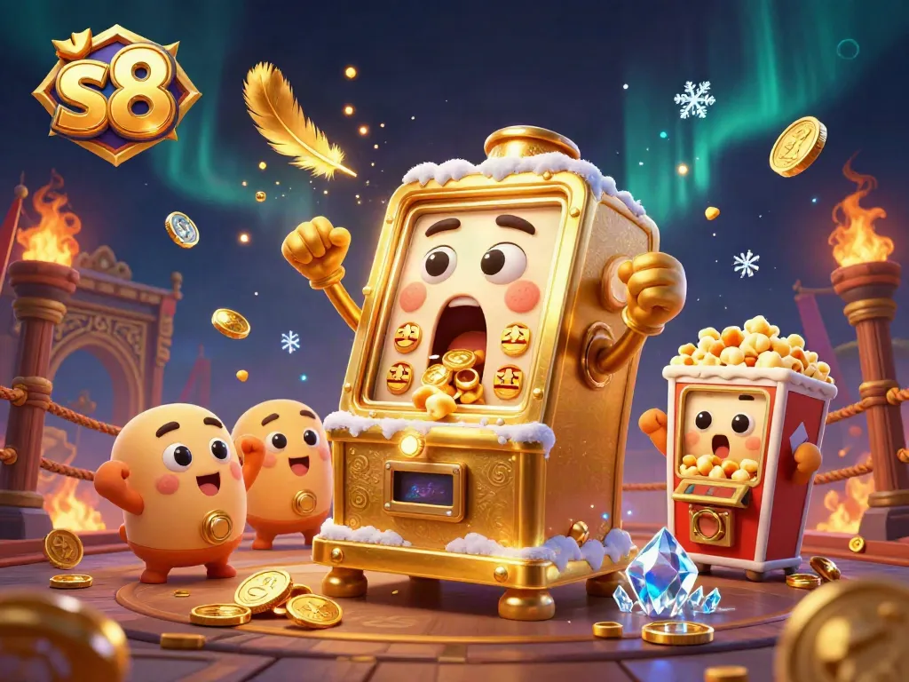S8: Celebrate a jackpot with a vibrant cartoon slot machine and cheering mini slots in a colorful casino scene.
