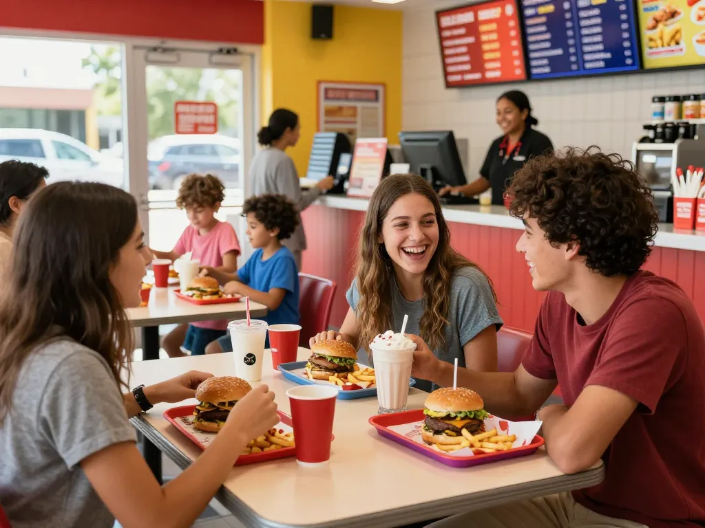 Friends enjoying fast food prices at a vibrant restaurant, sharing meals and laughter.