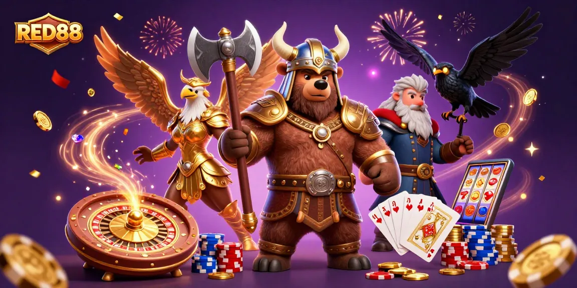 Experience thrilling gaming with RED88 as Viking bear and Valkyrie eagle amid cascading coins and vibrant casino elements.