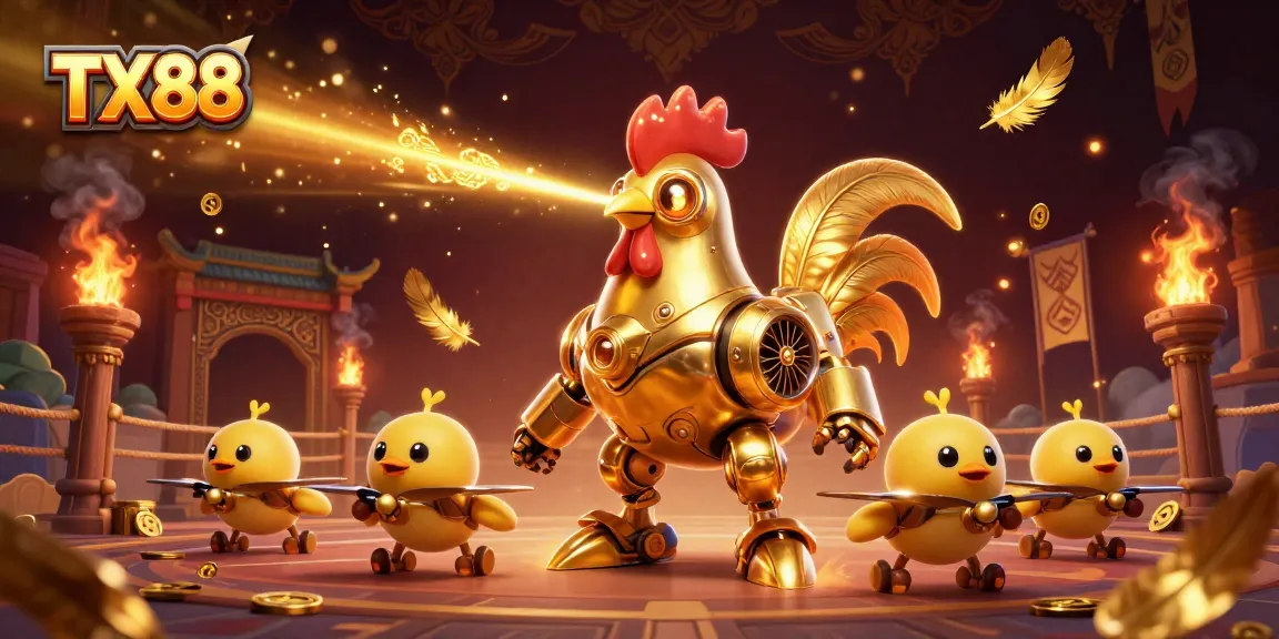TX88-themed illustration with a golden rooster robot and baby chick drones in a rich gaming environment.