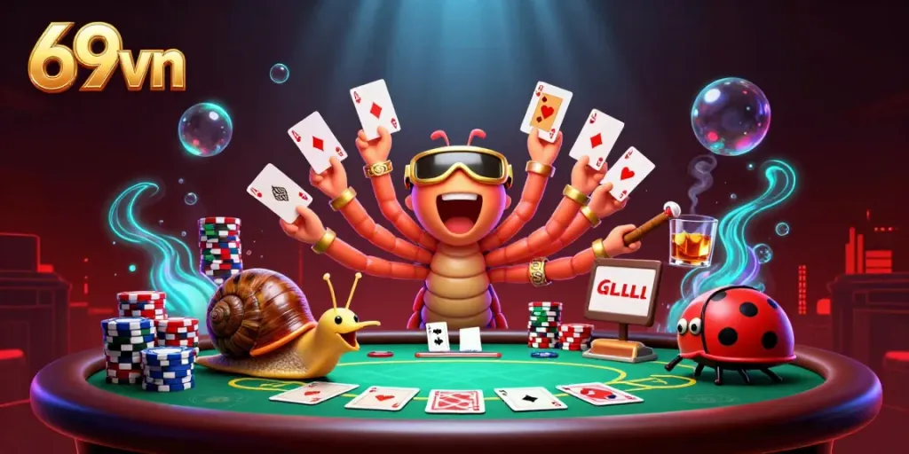 Engage in thrilling gameplay at 69vn with our vibrant interactive casino illustration showcasing a dynamic dealer and high-roller.