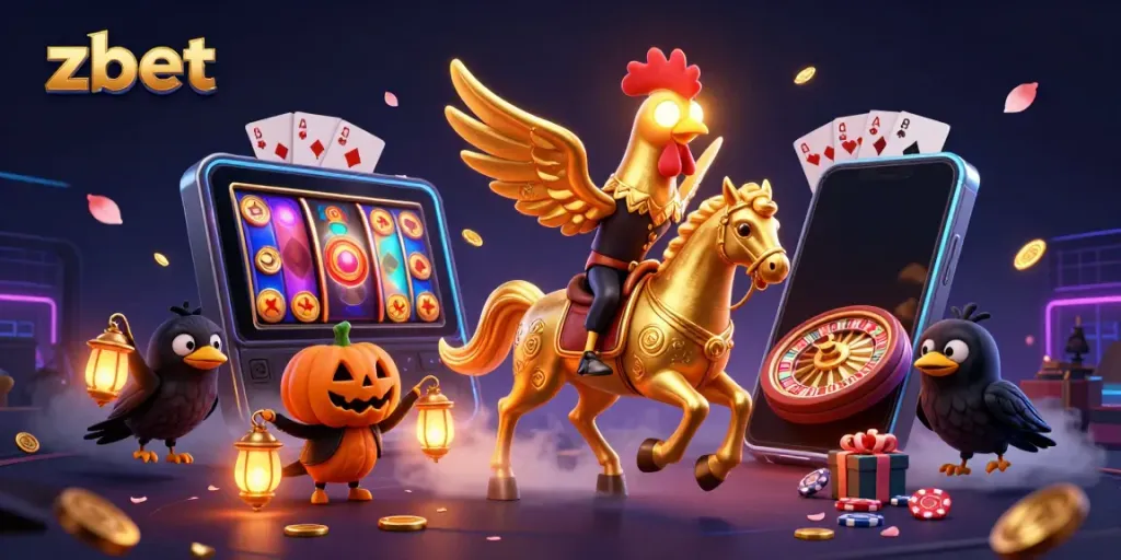 Experience the vibrant casino atmosphere with zbet's golden rooster mascot amidst slot games and festive elements.