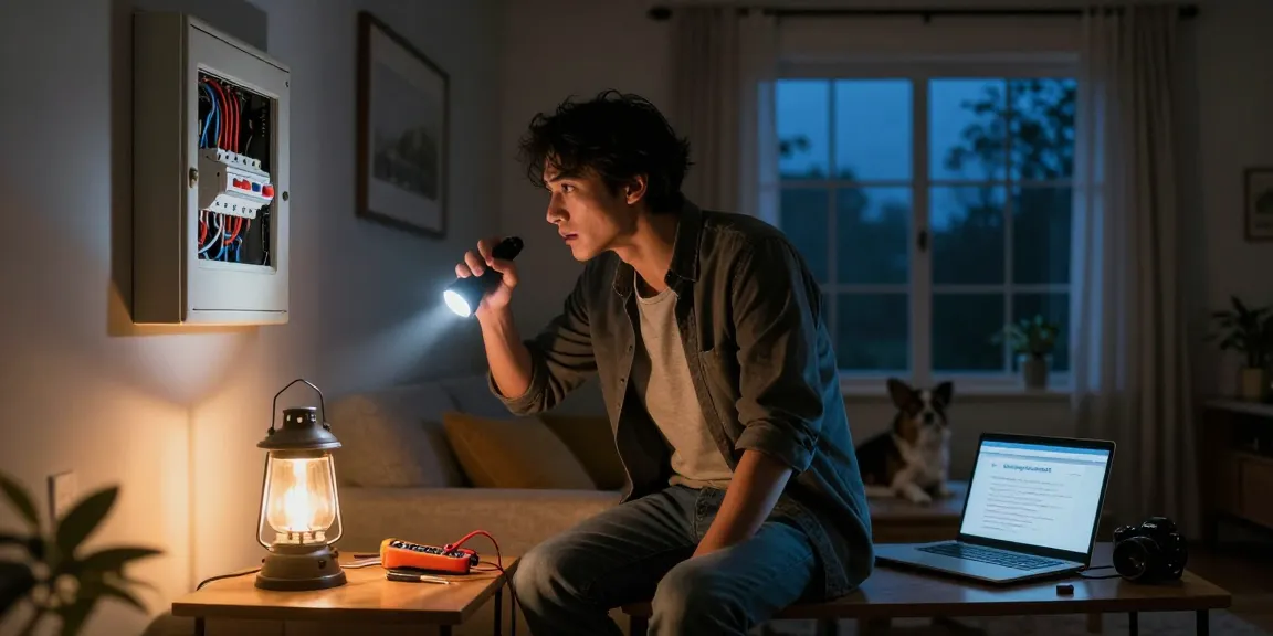 Individual preparing for emergency electrical services during a power outage, flashlight in hand, checking electrical panel.