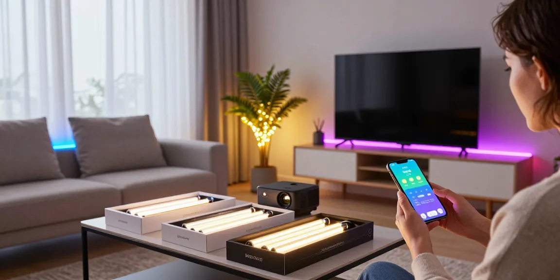 Iluminatul modern cu banda led în living elegant, smartphone în utilizare pentru setări personalizate