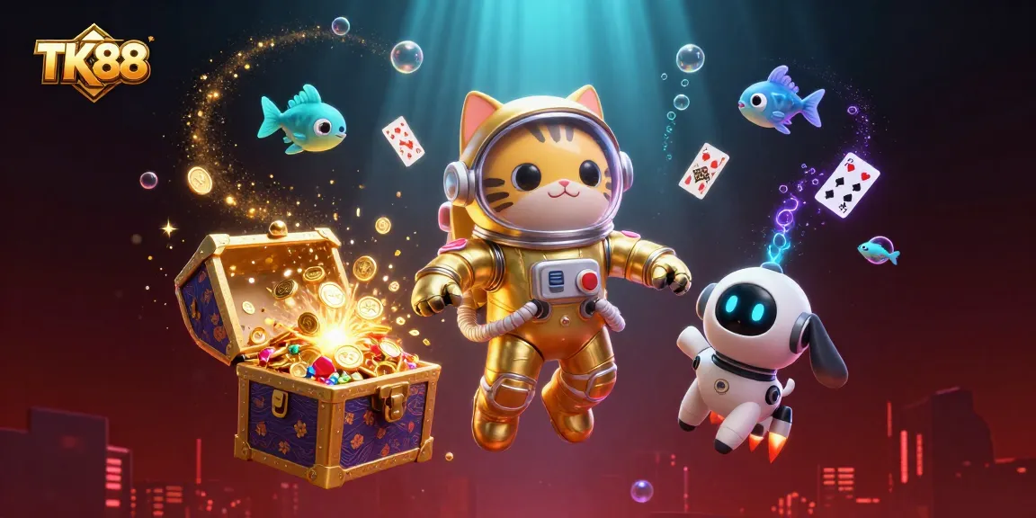 Engage in exciting gaming adventures with TK88's dynamic 3D illustration featuring vibrant characters and casino elements.