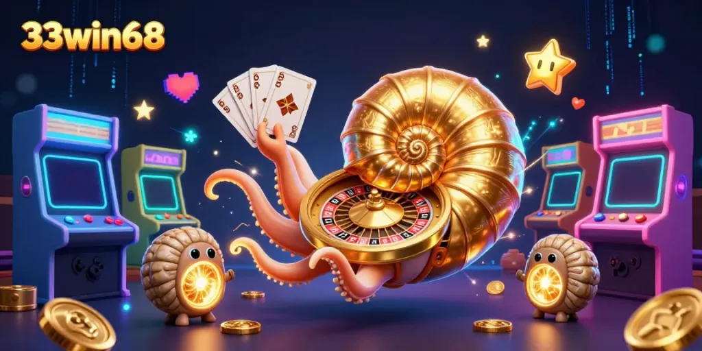 Experience thrilling gameplay with the 33win68 ancient giant nautilus, glowing ammonite companions, and vibrant casino elements.