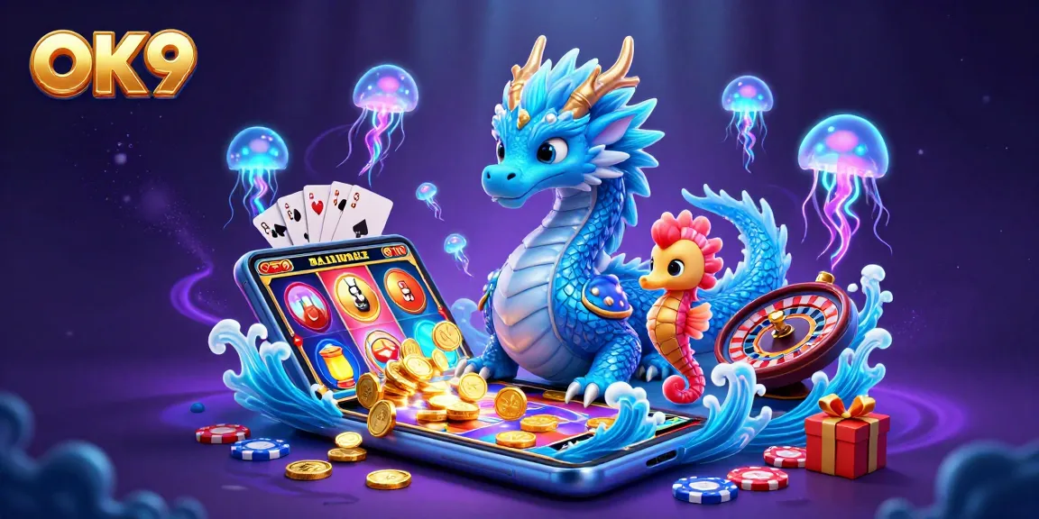 Experience thrilling gameplay with OK9's vibrant 3D casino scene featuring a magical dragon.