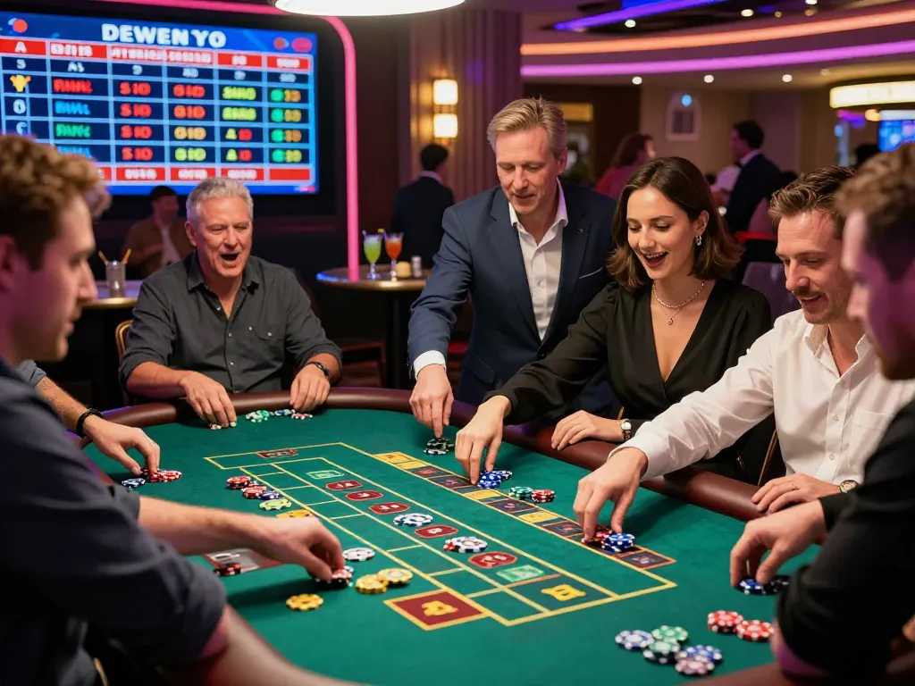 Exciting gambling scene with players at a dice table enjoying tot88 experience in a vibrant casino atmosphere.