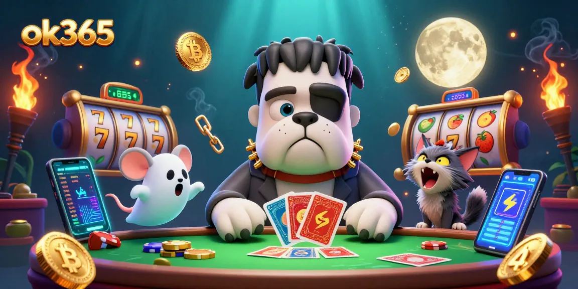 Engage in thrilling games at ok365 with unique characters at a spooky casino table.