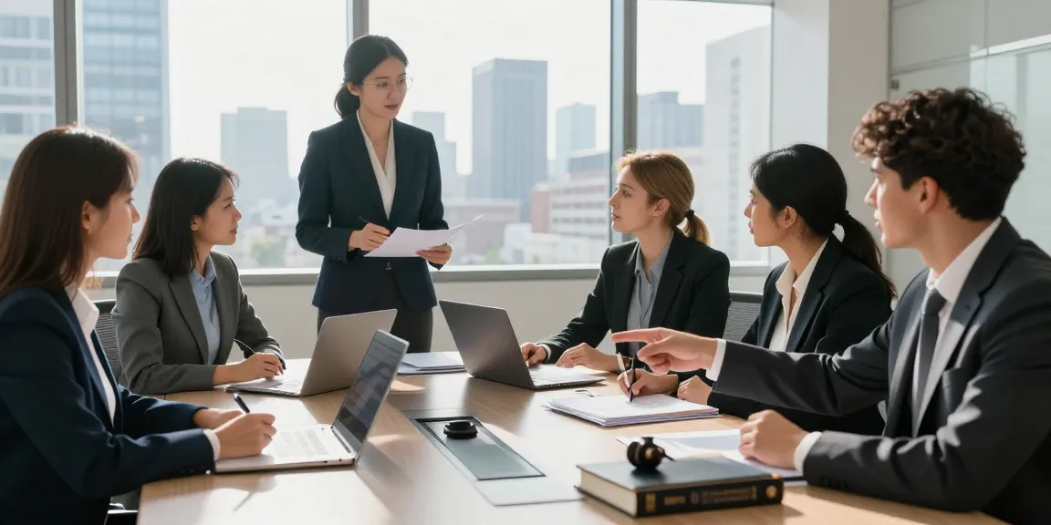 This Swiss law firm team collaborates in an urban office, strategizing around a conference table.