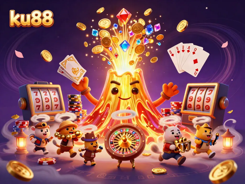 Experience thrilling jackpots at ku88 with a vibrant scene of gold, gems, and casino excitement.