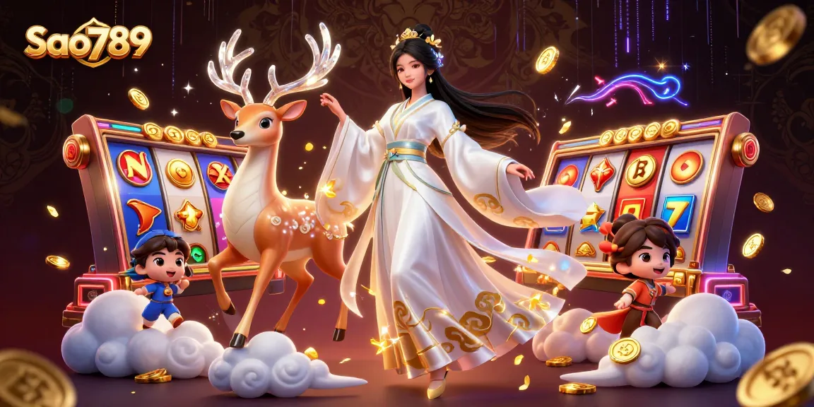 Sao789 unveils 3D illustration of an Asian woman in hanfu amidst vibrant slot game elements, blending tradition with excitement.