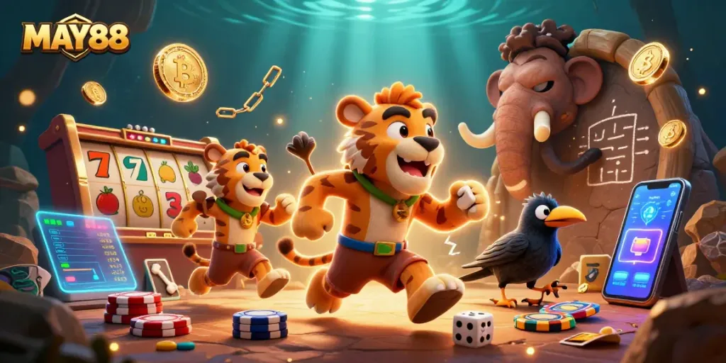 Engage with the unique gaming experience at MAY88's prehistoric casino with vibrant elements and characters.