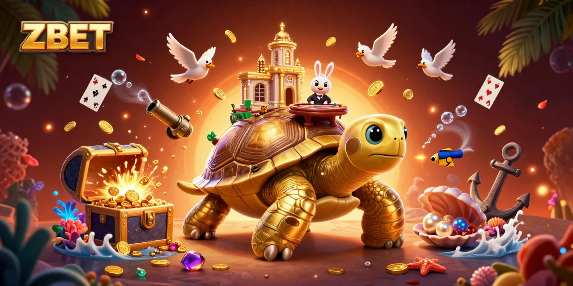 ZBET offers exciting gameplay within a lavish casino setting on a golden tortoise.