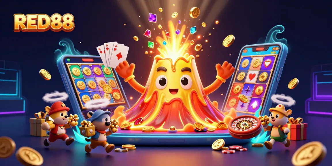 Engage with the thrilling RED88 experience as golden treasures burst forth from a triumphant volcanic scene.