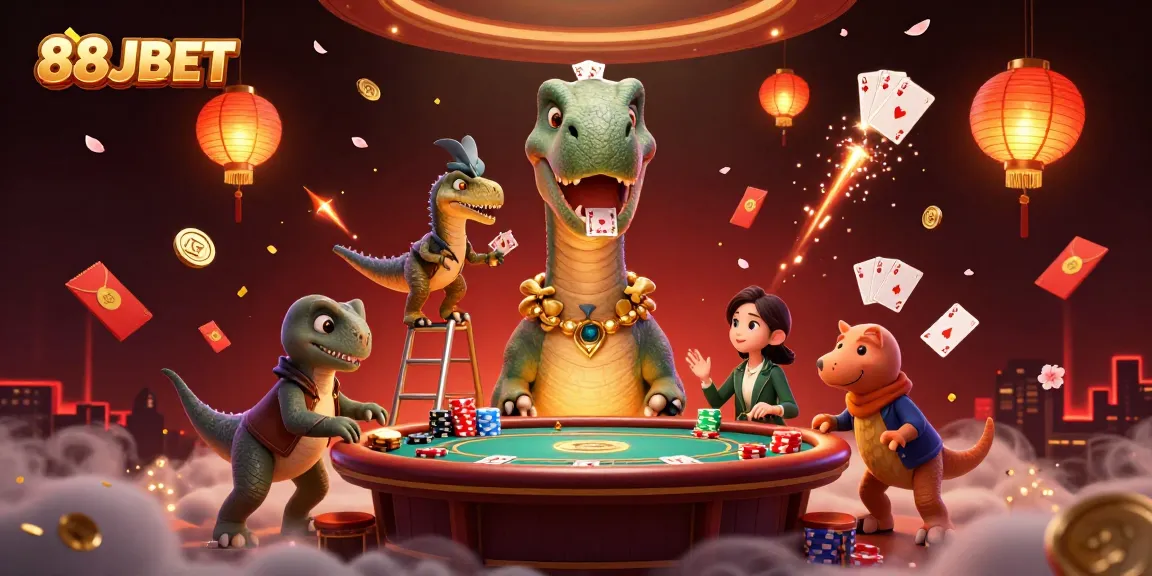 Experience the thrill of 88JBET with a vibrant casino scene featuring a cartoon brontosaurus and dynamic poker table action.