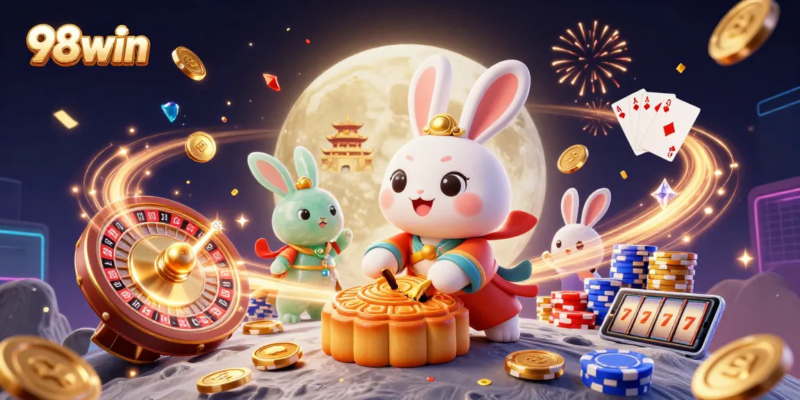 Win big with the vibrant 98win illustration showcasing a moon rabbit gaming among dazzling casino elements.
