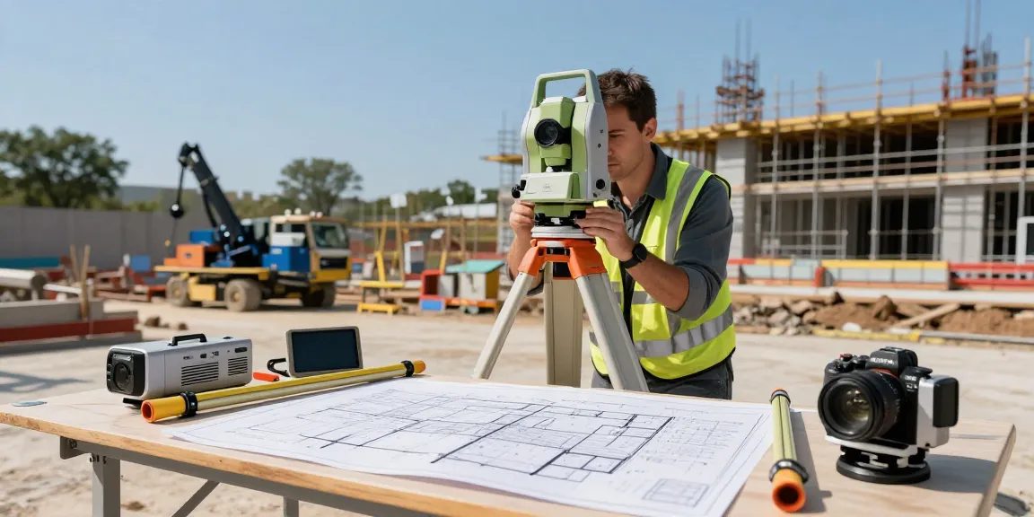 Topographical surveys London showcased by a surveyor measuring land with advanced equipment at a construction site.