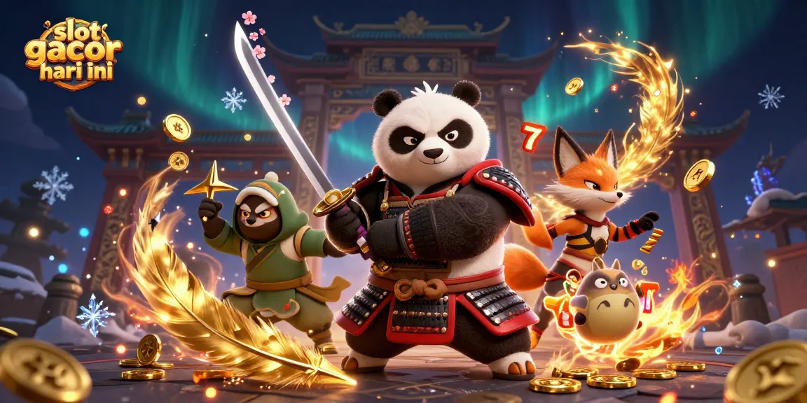 Engage with slot gacor hari ini in an epic scene with samurai panda and ninja fox, surrounded by slots and treasures.