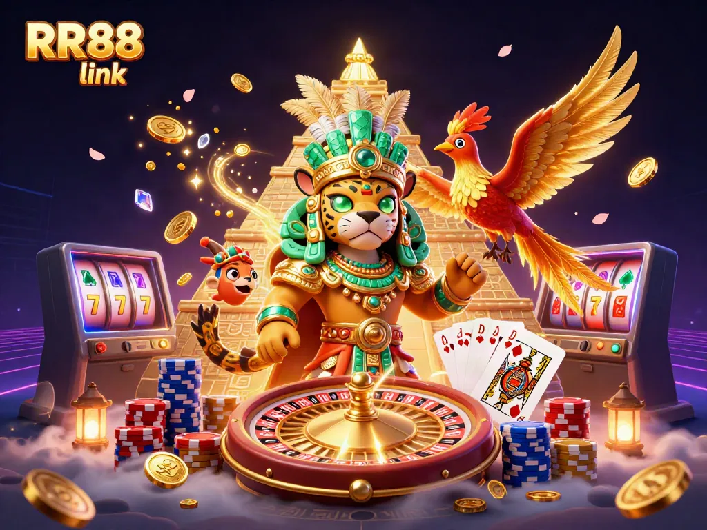 Engage with the thrilling RR88 link experience featuring a Mayan priest surrounded by dynamic casino elements.