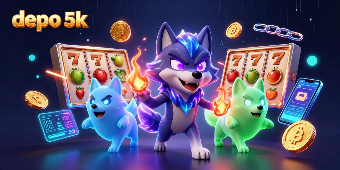 Menangkan permainan di depo 5k dengan karakter serigala dan simbol slot beruntung di latar belakang yang menakjubkan.