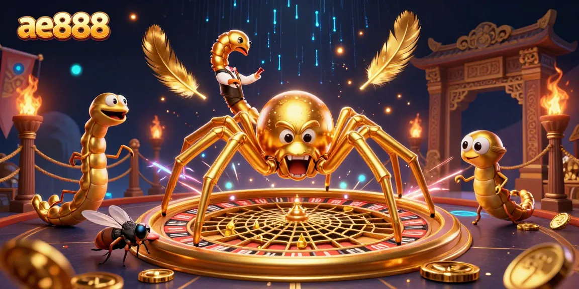 Engage in thrilling bets at AE888 with a golden roulette web, fly, and centipede croupier.