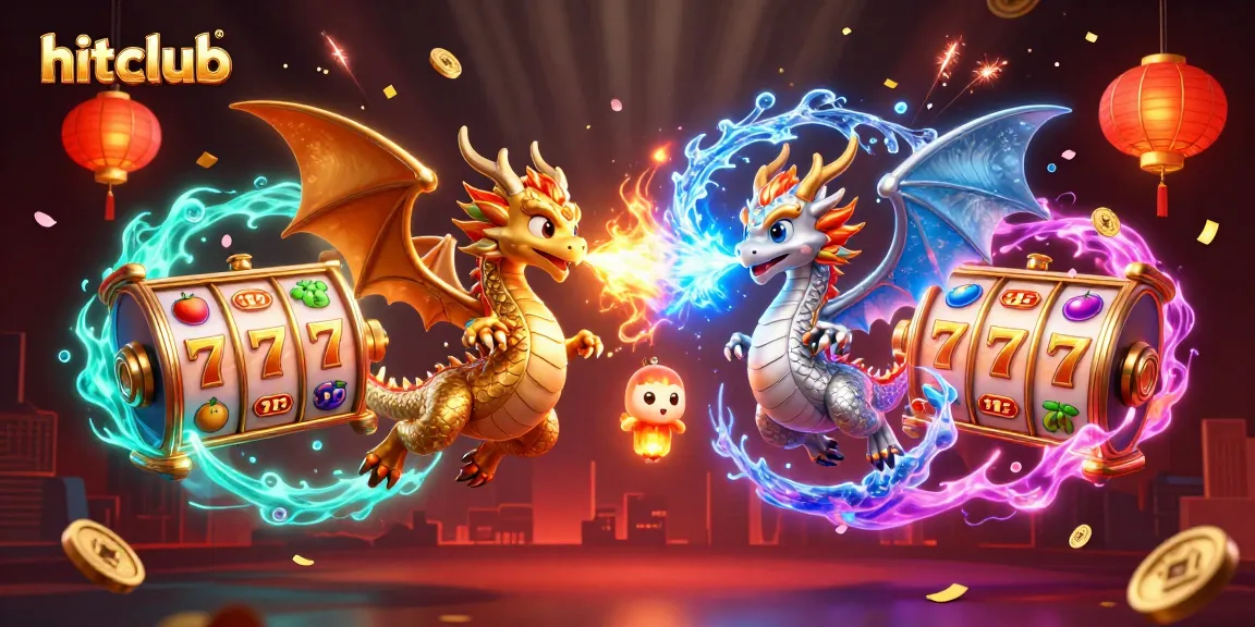 Experience the thrill at hitclub with fiery and icy dragons amid slot games' vibrant glow.