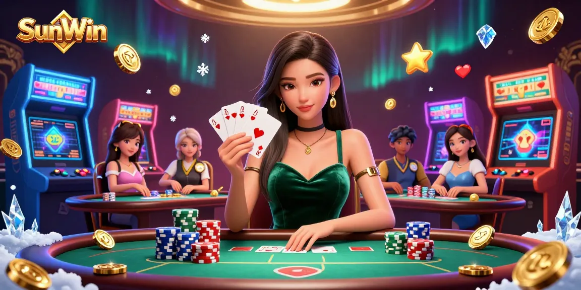 Engage with SunWin's vibrant casino space featuring a focused Asian woman playing poker amidst colorful gaming elements.