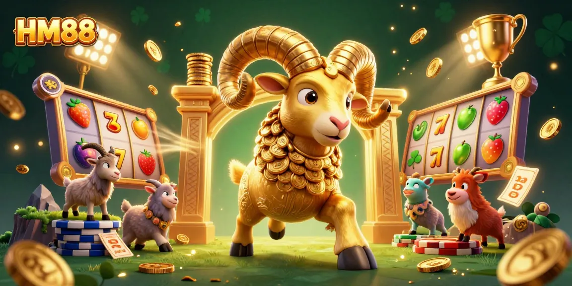 Engage with your luck at HM88 in an exciting slot game scene featuring dynamic gold coins and spinning reels.