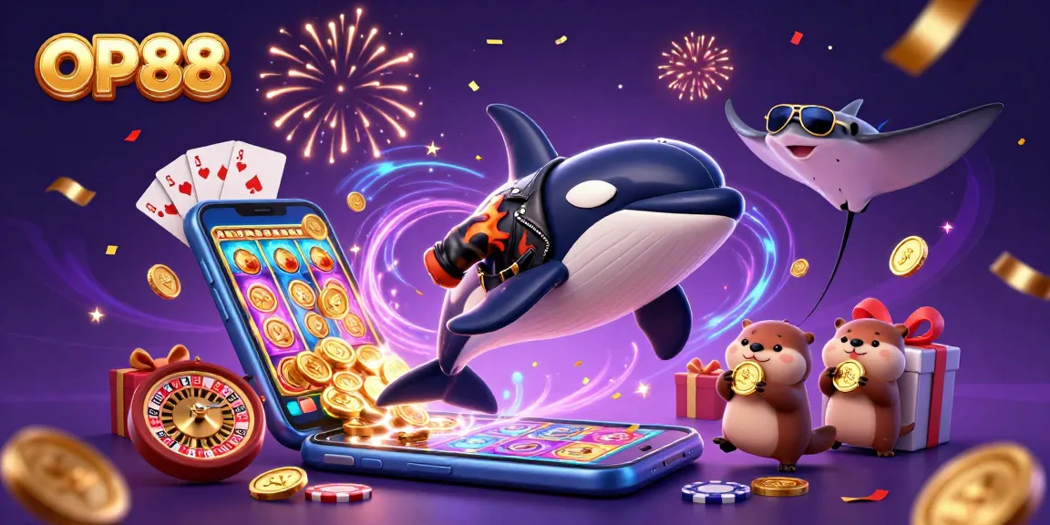 Play and win at OP88 with an orca whale, stingray, and otters celebrating in a casino setting.