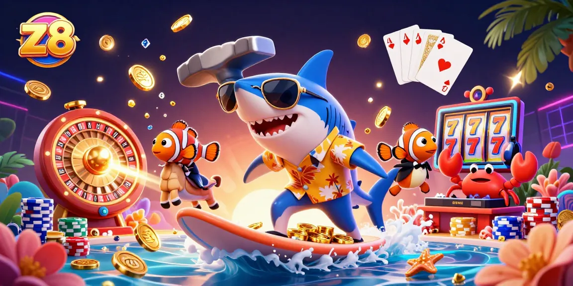 Experience z8 excitement with the hammerhead shark surfing on gold coins amidst casino action.