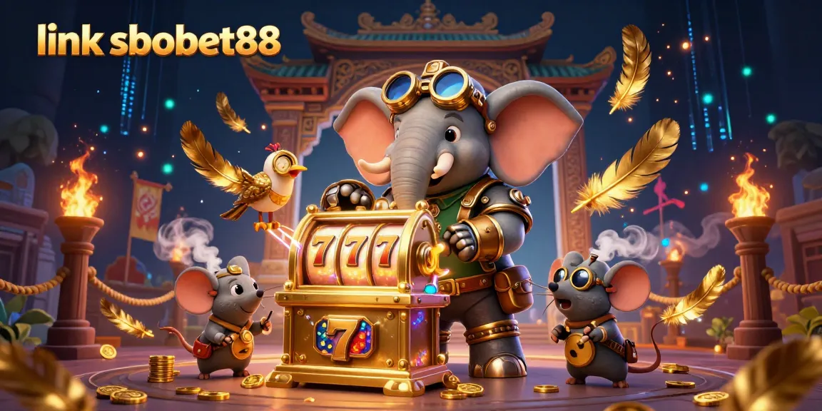 Discover exciting gaming action at link sbobet88 with a steampunk elephant and golden slot machine.