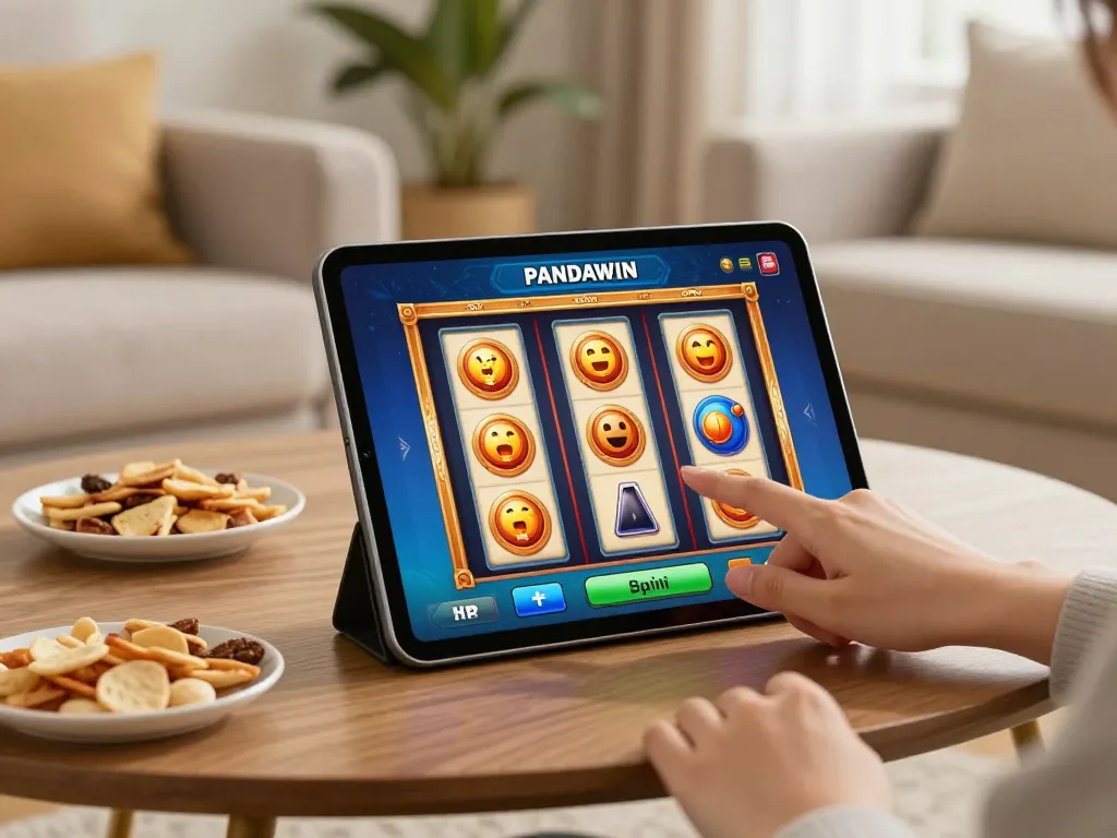 Antarmuka permainan slot PANDAWIN di tablet dengan grafik 3D yang cerah, menyoroti pengalaman permainan online yang menarik.