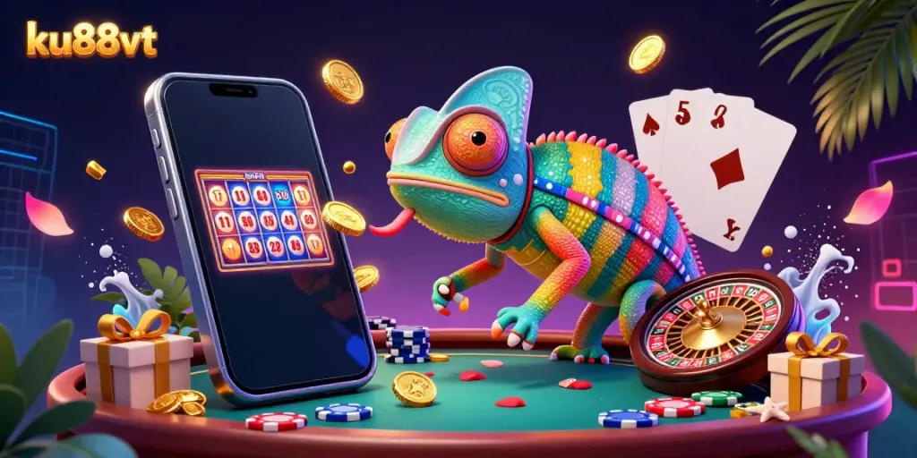 Experience the excitement of ku88vt with a vibrant casino illustration displaying a chameleon owner and gaming elements.