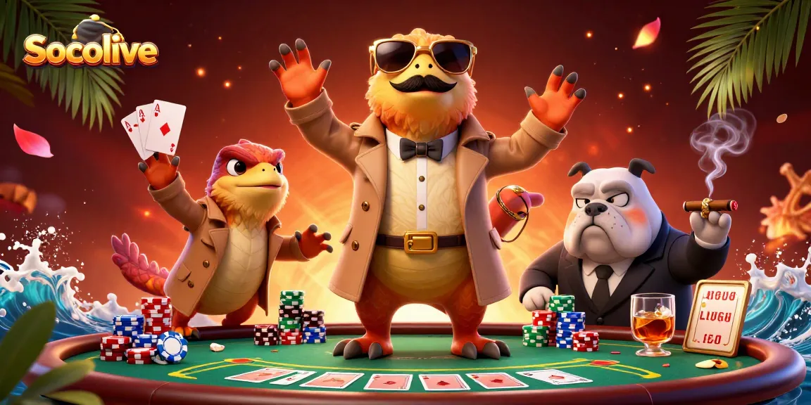 Socolive showcases raptors in a trench coat attempting to enter a casino while bouncers squint in skepticism, enveloped in striking 3D detail.