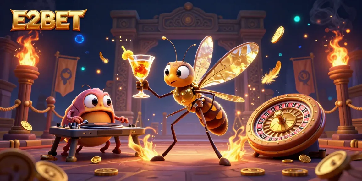 E2BET brings excitement with a 3D illustration of a casino mascot and gambling elements.