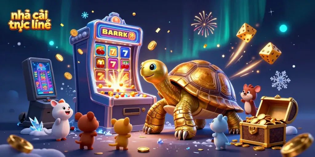 Experience the excitement of nhà cái trực tuyến with a lively scene of a golden tortoise pinball machine surrounded by casino game elements.