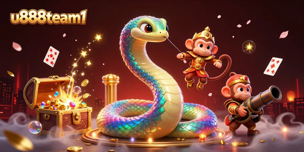 u888team1 brings excitement with a colorful 3D casino scene filled with vibrant characters.