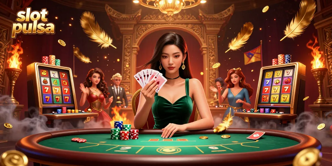Play slot pulsa with a strategic focus at a vibrant casino table surrounded by golden coins.
