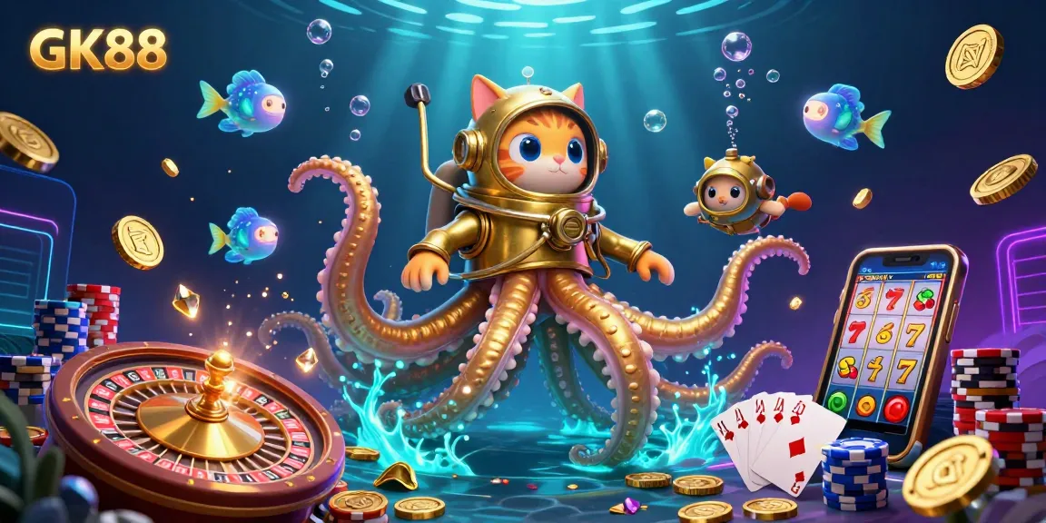 GK88 showcases thrilling casino action with a dynamic kraken, diving cat, and vibrant game elements.